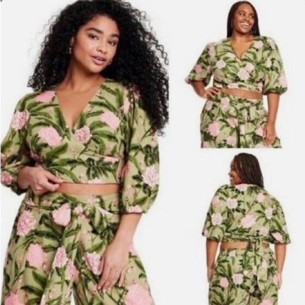 Women's Large Peony Print Tie Wrap Top - Agua Bendita Dark Olive/Blush